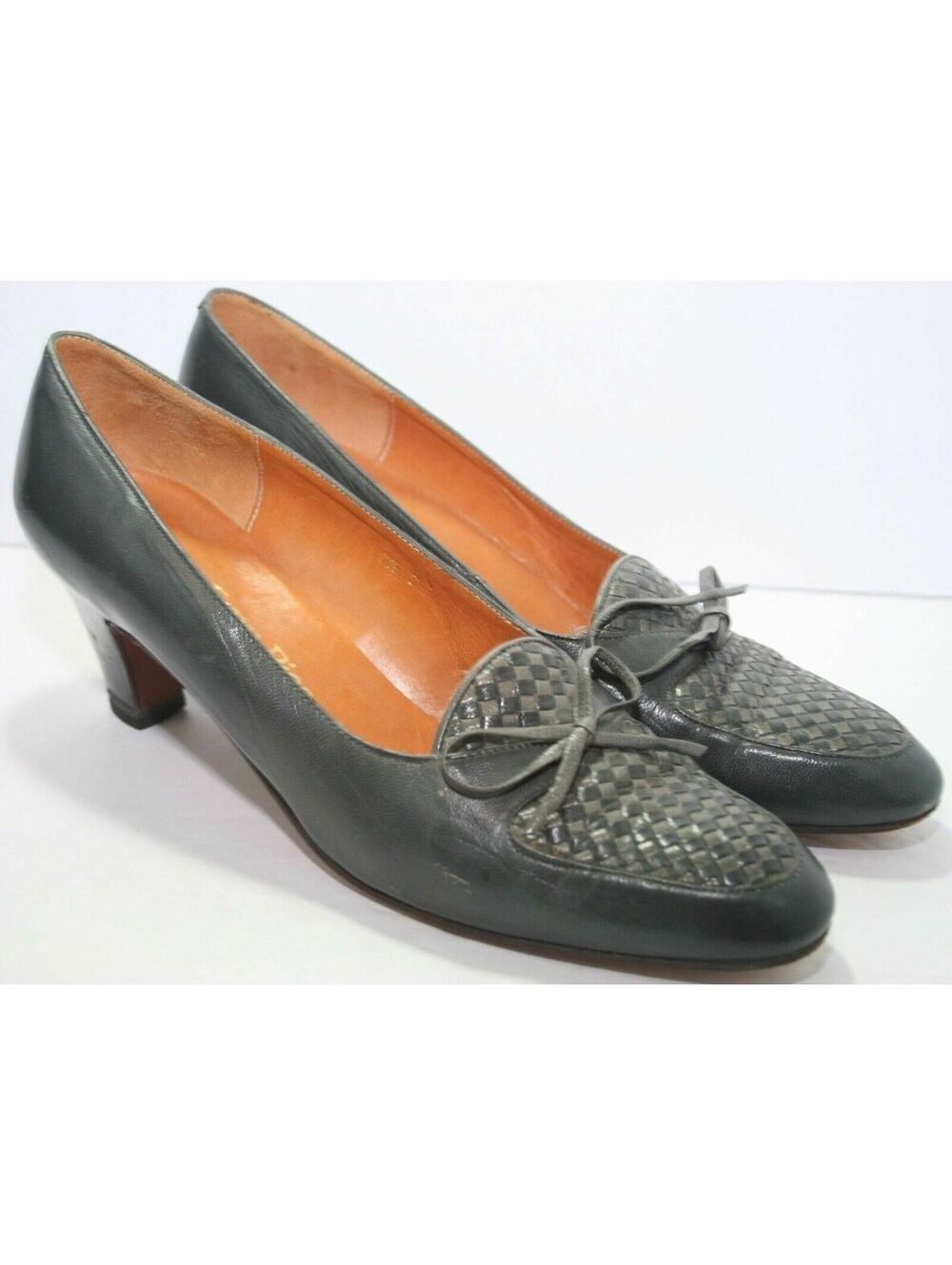 Evan Picone Gray 2.5" Weave Leather Heels Pumps Made in Spain Womens Size 7.5